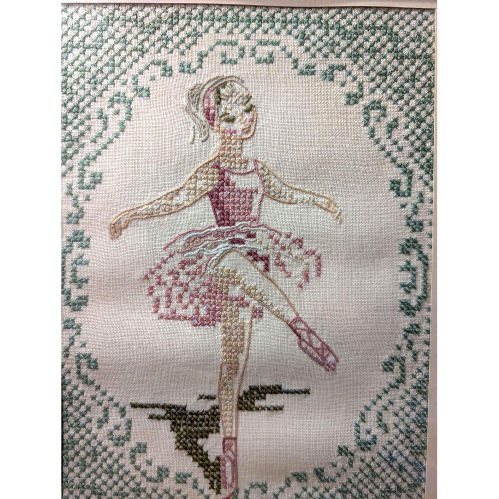 1968 Vintage toe point ballerina hand-stitched on linen in frame